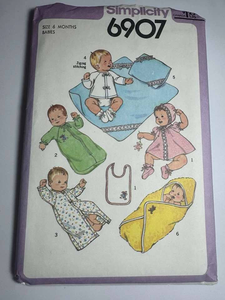 VTG 77 Simplicity 6907 INFANT Dress Bonnet Sleeper Kimono Booties Bunting SZ 6m - Image 2 of 4