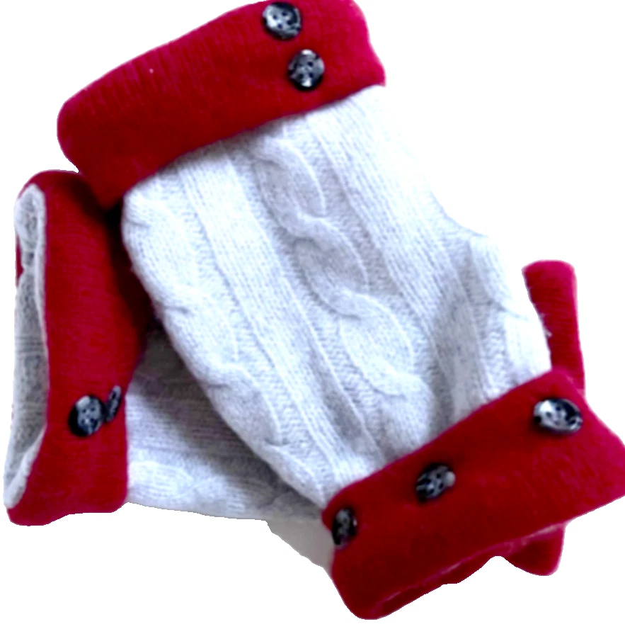 FINGERLESS GLOVES GRAY RED 100% CASHMERE S - M SMALL - MEDIUM ARM WARMERS CUFFS