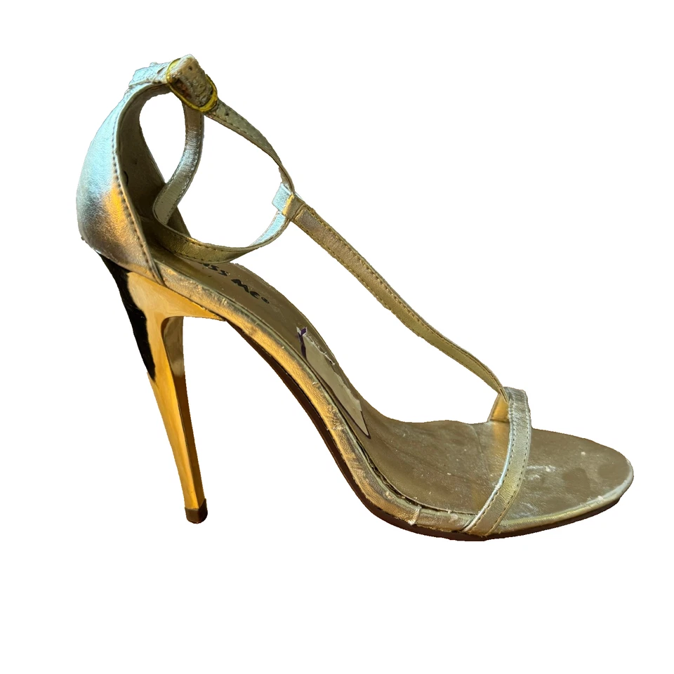 Sandalias Miss Me para mujer talla 7 tacón de aguja punta abierta 4,5 pulgadas tacones de metal brillante Foto 3 de 4