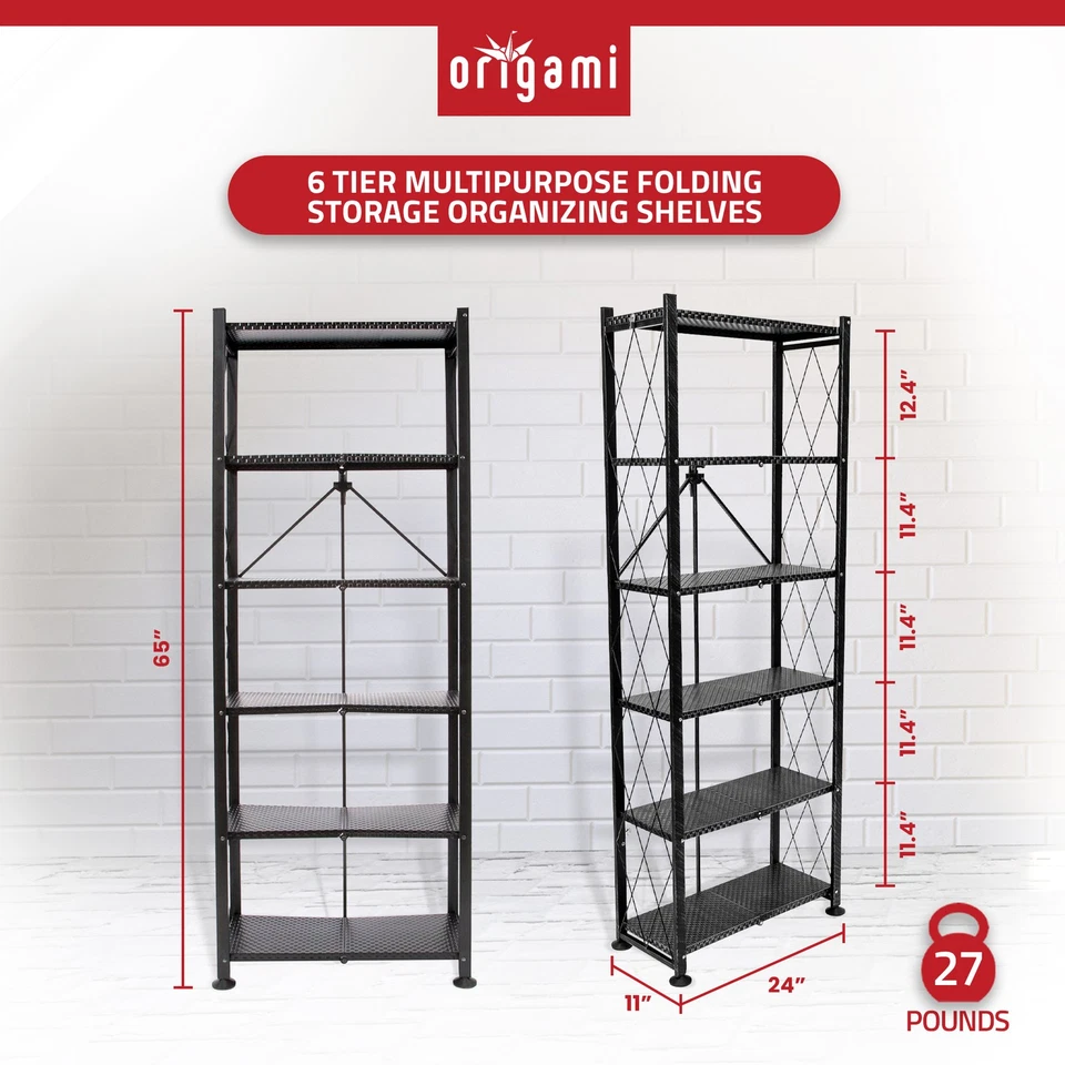 Origami 6 Tier Classic Stamped Steel Bookcase Organizer Storage Rack, Black - Image 2 of 4