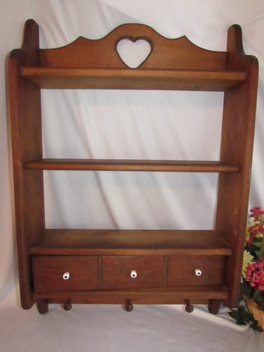 VINTAGE SOLID WOODEN DISPLAY WALL UNIT WITH 2 SHELVES HOOKS AND A DRAWER  30"