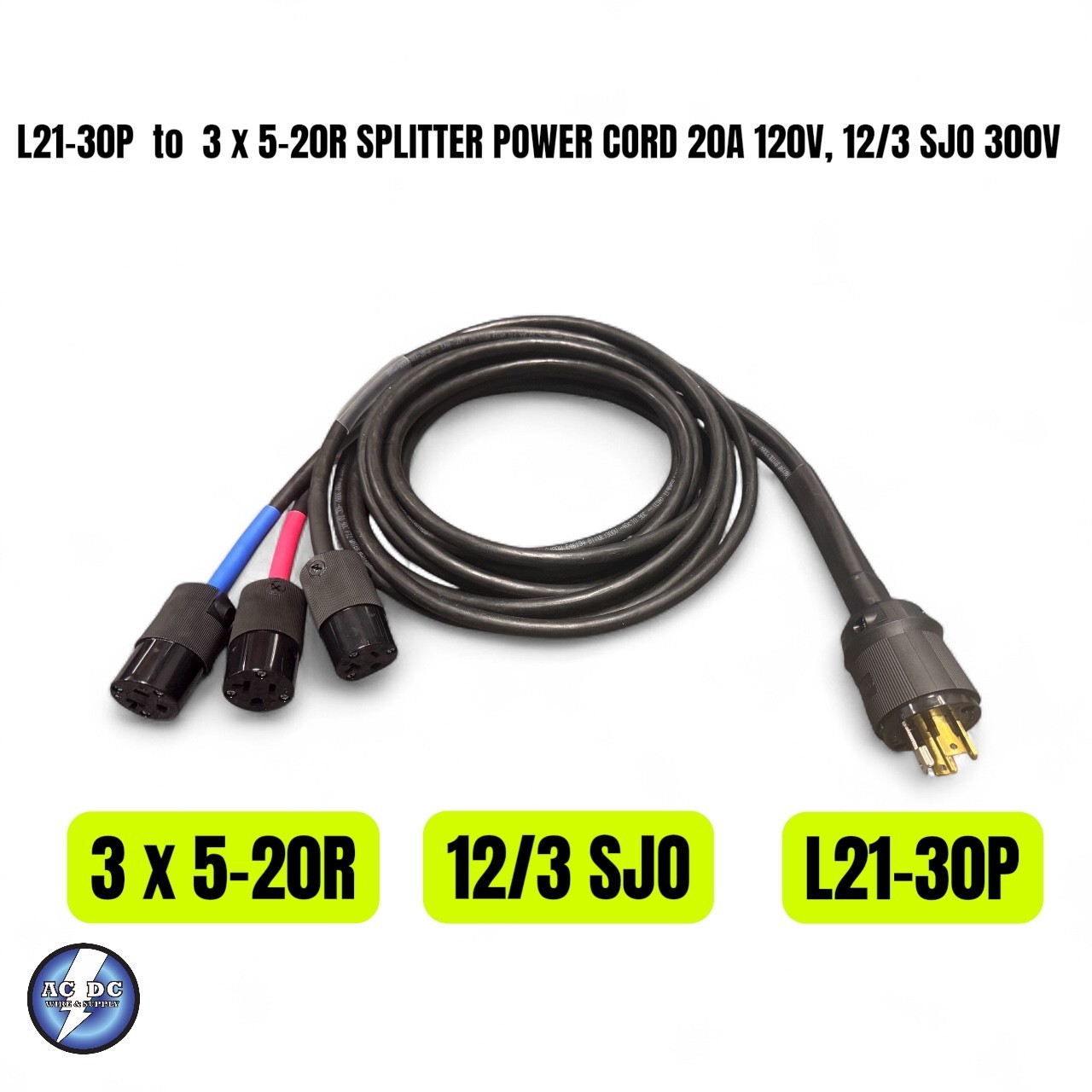 L21-30P to 3x 5-20R Splitter Power Cord 20A, 120V, 12/3 SJO Jacket