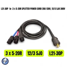L21-30P to 3x 5-20R Splitter Power Cord 20A, 120V, 12/3 SJO Jacket