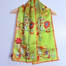 Anne Klein Silk Scarf Lime Floral Satin Feel Vintage Rectangle 54x11" Artsy