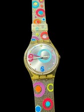 Vintage Swatch Quartz Watch Clear Glitter Band Multi-Color Circles Funky Design