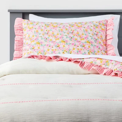 PILLOWFORT Full/Queen Reversible Crinkle Bow Gingham Floral Kids' Comforter Set White