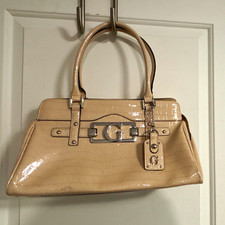 GUESS Beige Croc-Embossed Satchel Top Handle Zip Bag w/ G Charm, Lined