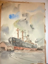 Vintage Erle Loran Original 2-Sided Watercolor "Shipyard" & "Forest"