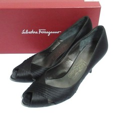 Salvatore Ferragamo Societe Open-Toe Satin Pumps, Size 7, Black Women USED