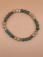 Natural Stone Beaded Stretch Bracelet – Mixed Earth Tone Jasper & Gold Cube