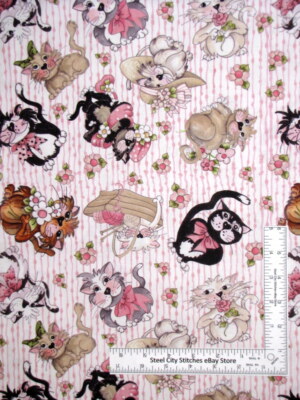 Loralie Fancy Cats Fabric By The Yard Flowers Cat Cotton RETIRED Loralie Designs