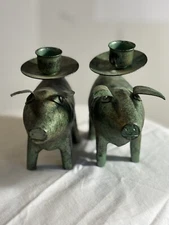Green Metallic Pigs Figurine Candle Holder Set (2) Indonesian Preowned