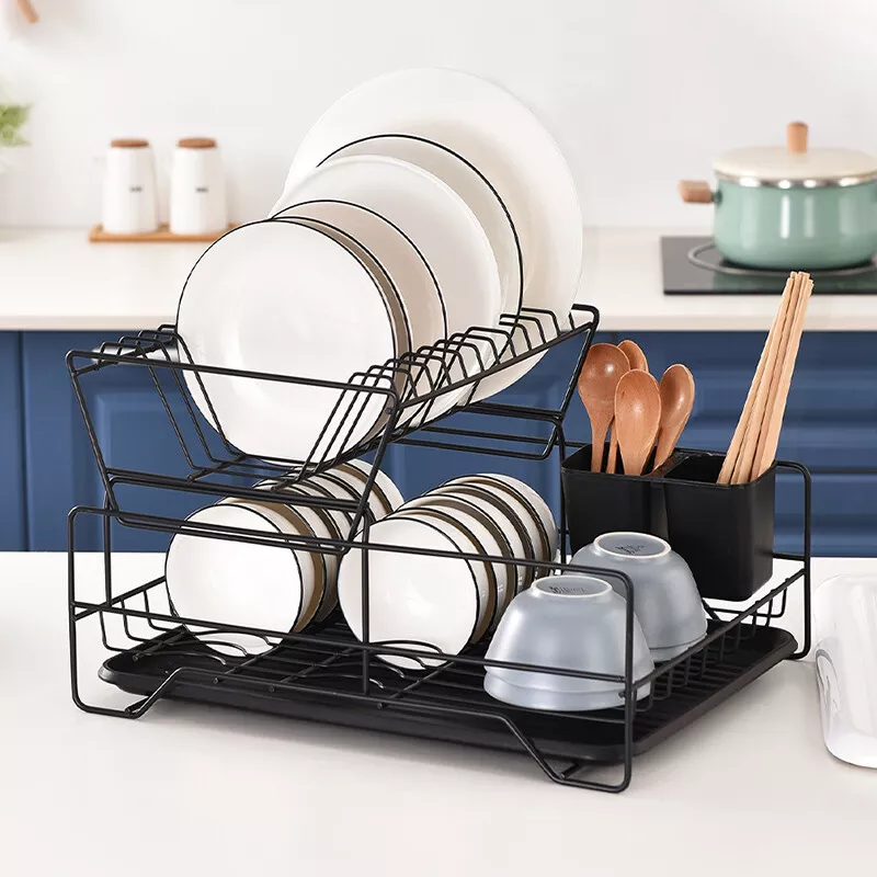 Megacasa Dish Drying Rack, Metel 2-Tier Dish Rack Utensil Holder Kitchen Black