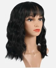 Black Wavy Bob Wig w/ Bangs – Natural-Looking Synthetic Hair, Heat-Resistant NEW