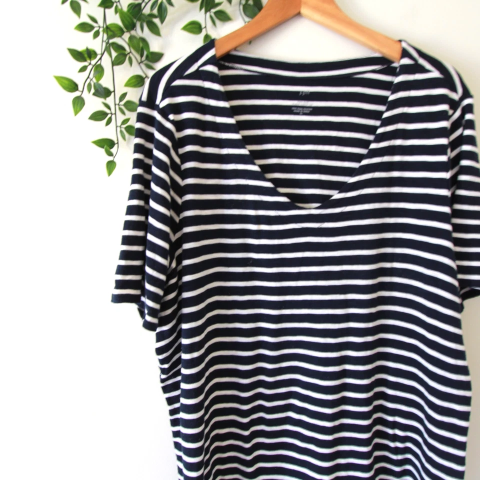 Camiseta J.Jill Pima Slub Manga Codo Azul y Blanco Rayas Cuello en V Top Talla XL Foto 2 de 4