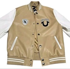 True Religion Varsity PU Jacket Men Two Tone Beige/White Size Large New W/ Tags