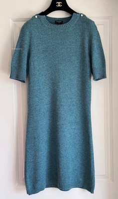 17A CHANEL BLUE TURQUOISE WHITE PEARL EMBELLISHED SHORT SLEEVE CASHMERE DRESS 38