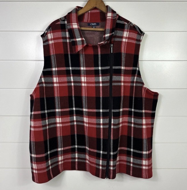 Chaps Women's Plus Red Plaid Full Zip Up Sleeveless Sweater Vest sz 3X