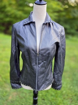 Vintage Cache Black Leather Jacket Studded Collar Y2K Biker Moto Fitted Small