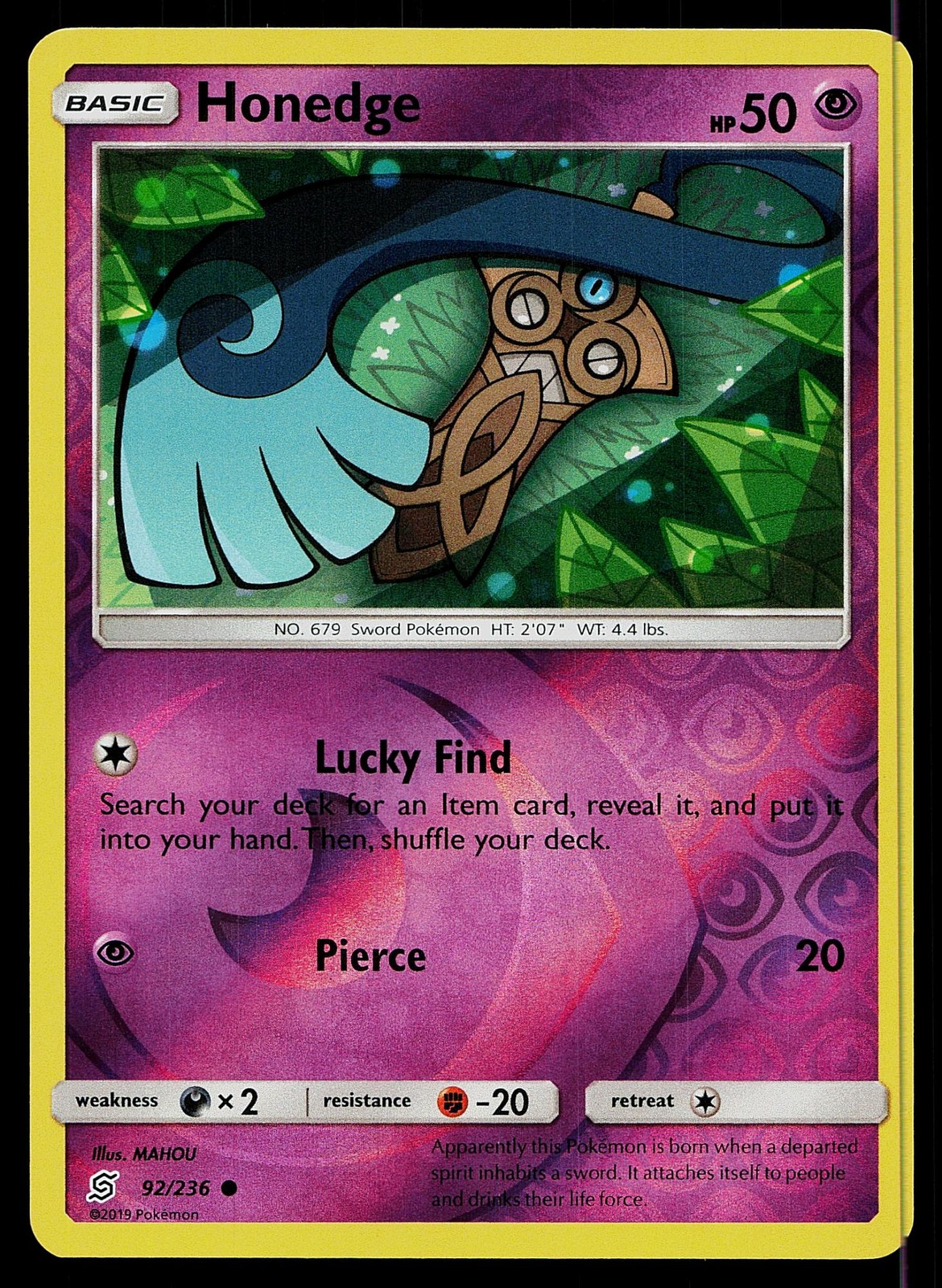 Pokemon Card Unified Minds Honedge 92/236 Common Reverse Holo