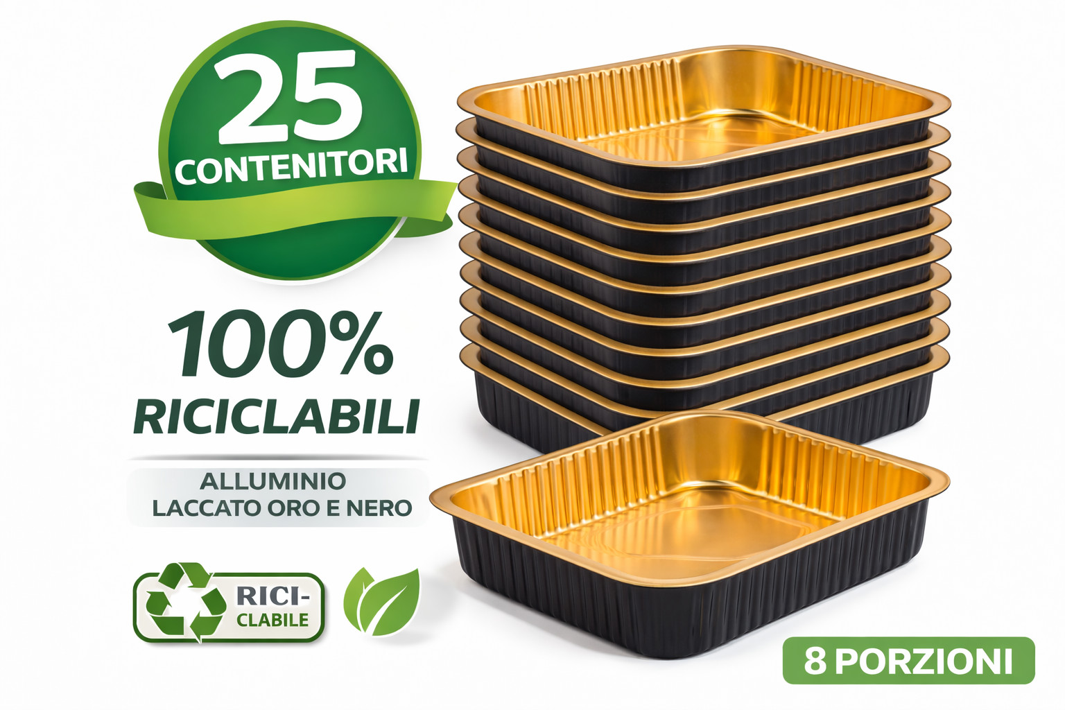 Contenitori Alluminio Take Away Oro/Nero 25pz - Design 8 Porzioni