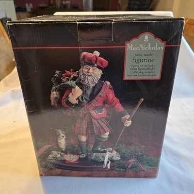 MacNicholas Scottish Santa Fabric Mache Figurine Border Collie Dog Wood Base Box