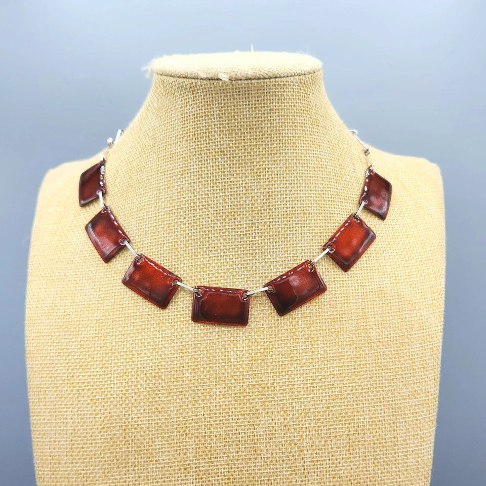 Collar de eslabones de barra panel esmalte rojo modernista plata 800 firmado vintage 16" Foto 3 de 4