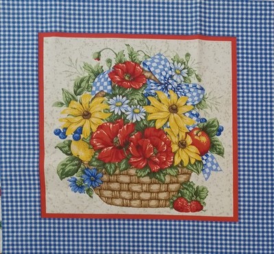 Vtg~Cranston~''Flowers & Fruits in Basket''~Checked Border~Cotton Fabric~ 14''x14''