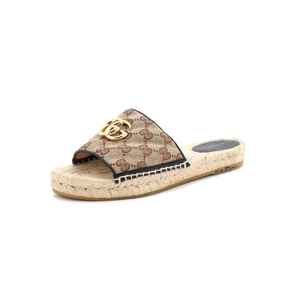 Gucci Women's GG Marmont Espadrilles Slide Sandals Diagonal Quilted GG Canvas