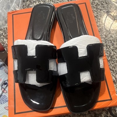 Hermès Women s Black Patent Leather H Logo Slide Sandals Slip-On US 9