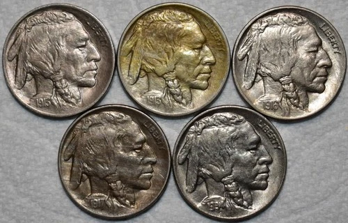 5x About Uncirculated Buffalo Nickels, 1913-P, 1913-D, 1916-P, 1917-P, & 1934-P