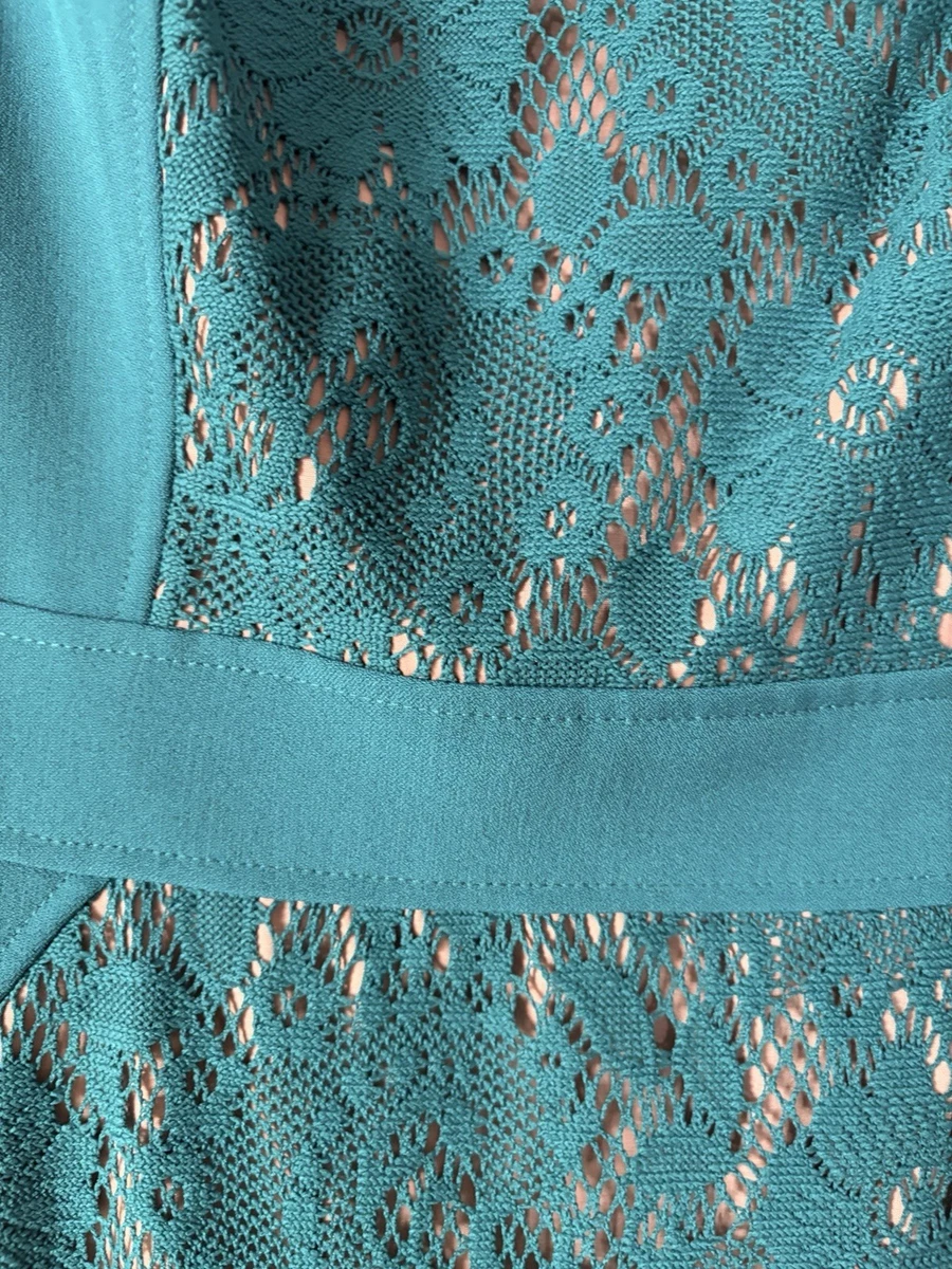 Vestido Adrianna Papell Verde Azulado Floral Encaje Cuello Redondo Manga Larga Rodilla Reino Unido 10