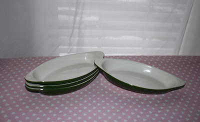 4 Chefsware USA Green & White Small Oval Baking/Serving Dishes, 10'' x 5'', Marked