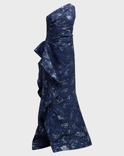 Rickie Freeman for Teri Jon Navy Size 12 Metallic Jacquard Side-Ruffle Gown