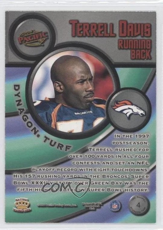 1998 Pacific Dynagon Turf Terrell Davis #4 HOF - Image 2 of 2