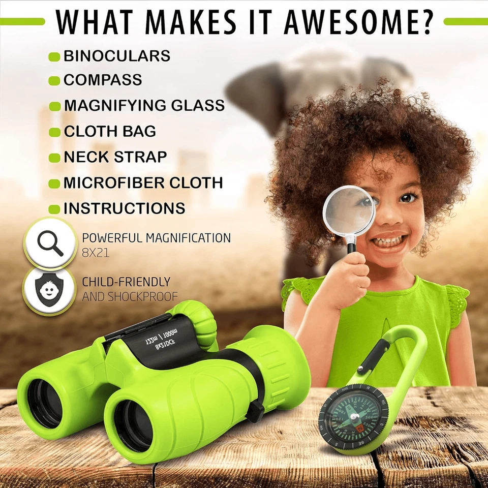 Kids Binoculars 8x21 with Magnifier & Compass - Toys for Boys Girls Age 3-12Year - Image 2 of 4