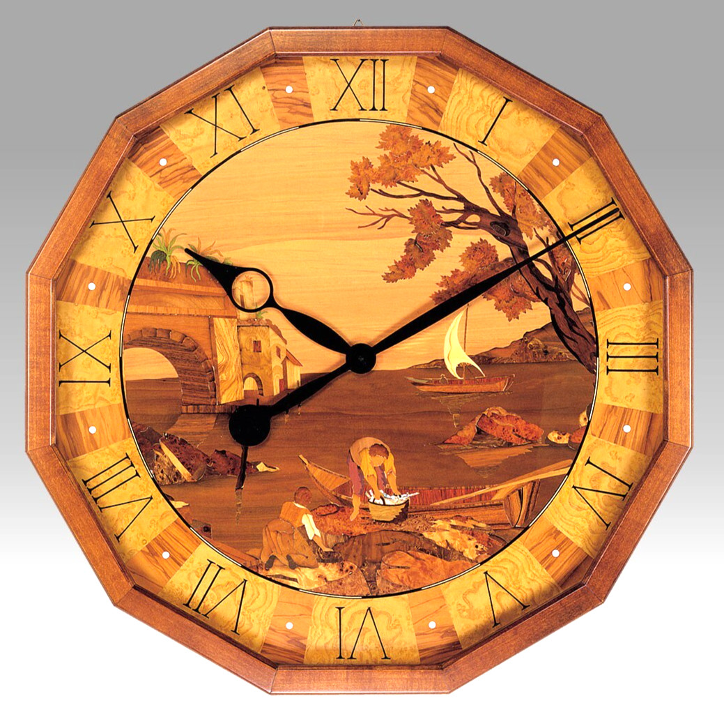 Wall Clock Handcrafted Wood Inlaid Natural Woods Made in Italy