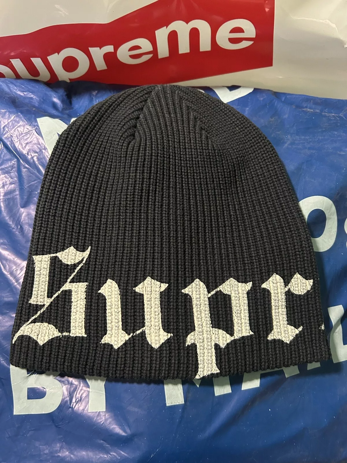 Supreme SS25 ancien bonnet coton imprimé anglais logo noir un lavé