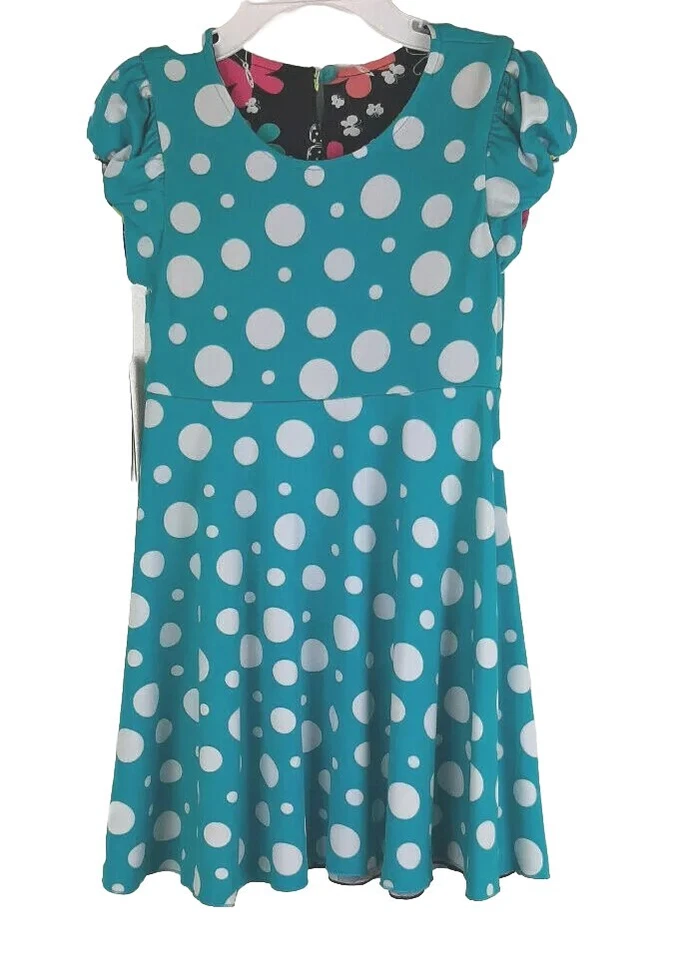 Niñas 4T Vestido Reversible Aqua Lunares Negro Mariposas Iglesia Escuela Viaje Foto 2 de 4