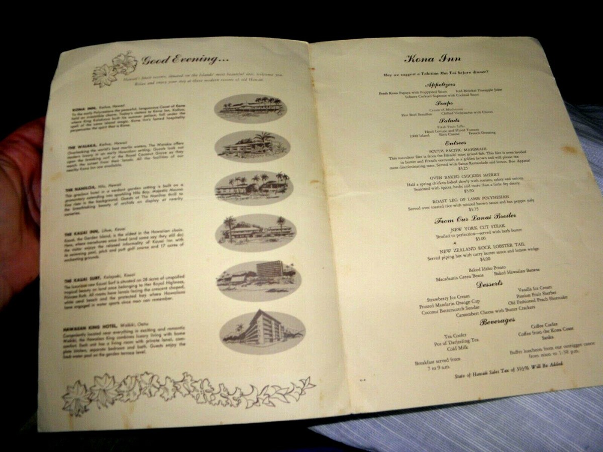 VINTAGE MENU HAWAIIAN HAWAII KONA INN BY JOHN KELLY COULD BE FROM