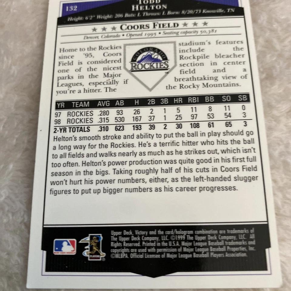 Todd Helton 1999 Upper Deck Victory Rockies Card #132 *1771* - Image 2 of 2