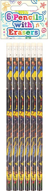 12 x Super Hero Pencils With Erasers Full Length Party Bag Filler Favours Gifts