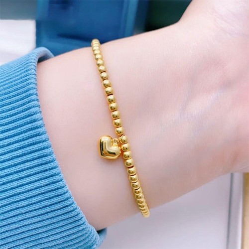Pure 18K Gelbgold Kette Damen Glückliches Herz Rund Hochglanz Perlen Link Armband - Bild 4 von 5