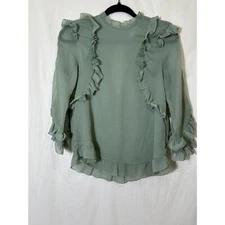 H&M Women's Ruffled Granny Core Sea Green Opaque Blouse 3/4 Sleeve Size 8