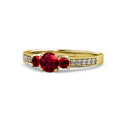 Ruby 3 Stone Ring with Diamond on Side Bar 1.05 ctw in 14K Gold JP