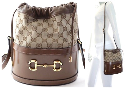 Gucci Horsebit 1955  Bucket Leather GG Canvas Crossbody Bag Brown