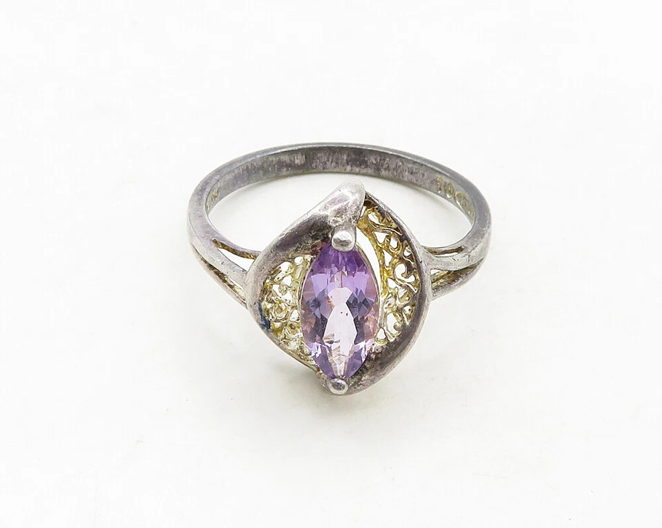 Anillo AVON 925 Plata Vintage Corte Marquesa Amatista Banda Talla 10 RG19598 Foto 2 de 4