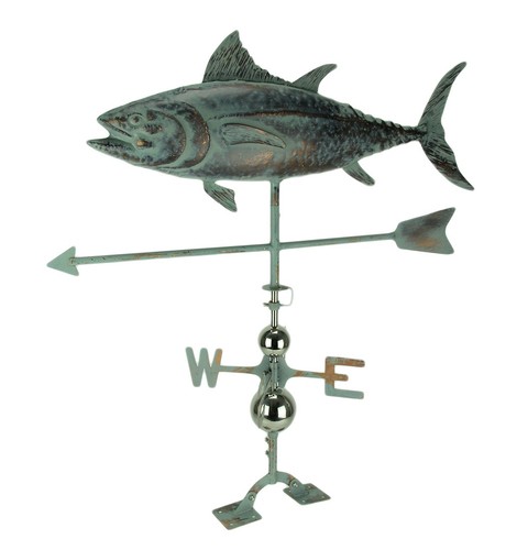 Zeckos Verdigris Patina Metal Tuna Fish Weather Vane with Roof Mount