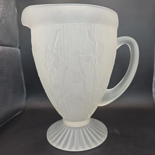 Vintage Jeanette Frosted Iris & Herringbone 9 In Depression Glass Pitcher