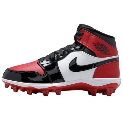 New Nike Air Jordan 1 Mid TD Football Cleats Bred Toe Patent FJ6805-601 Mens 9